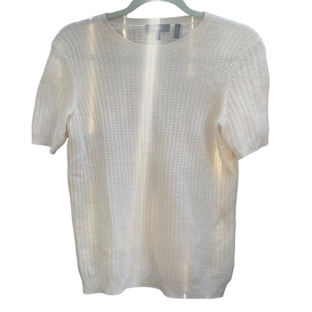 Theory Cream Short-Sleeve Crewneck Cashmere Knit Sweater - Small